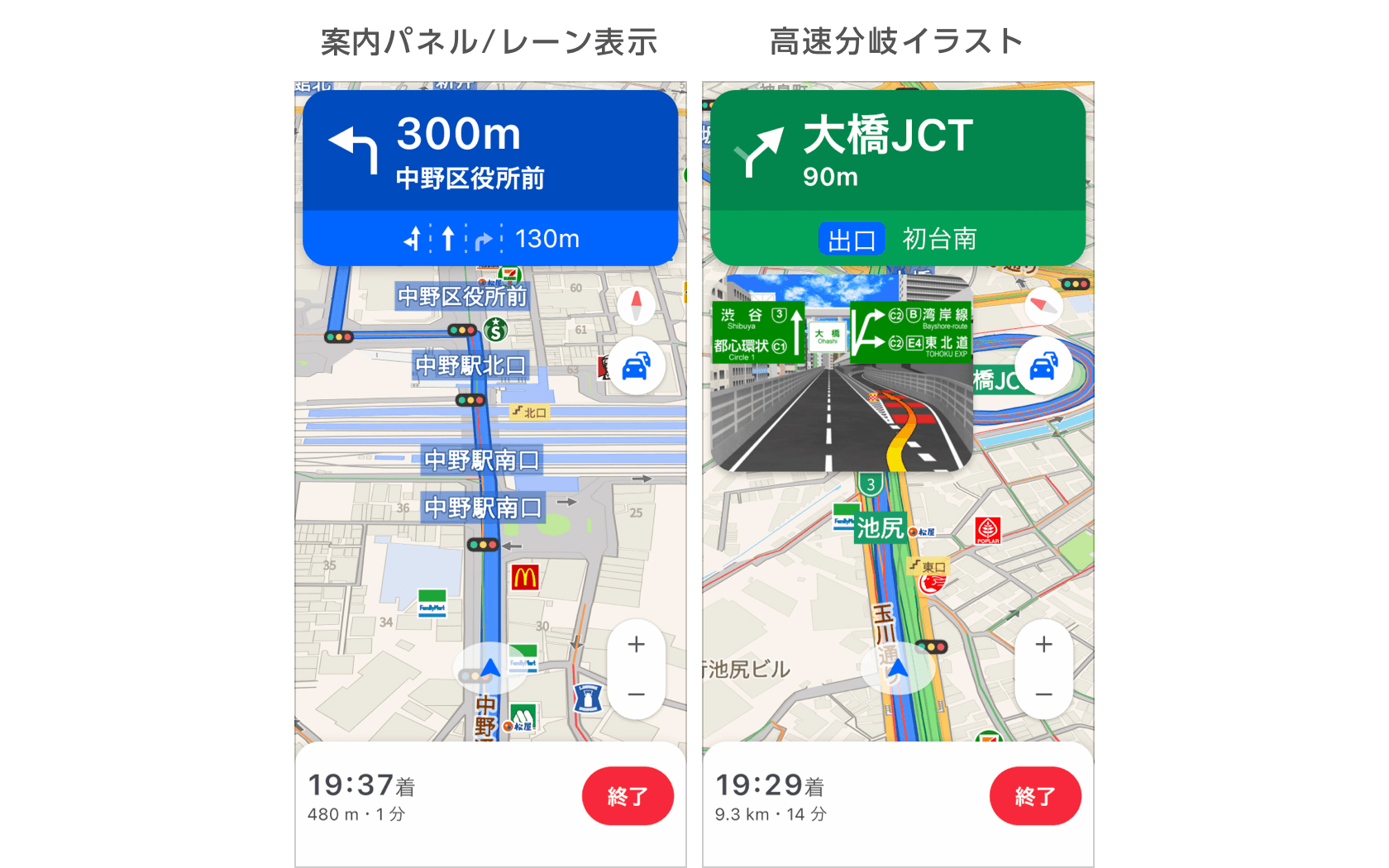 画面上部にガイドパネル・走行レーン情報を表示するとともに、高速道路の出入り口とJCTを分かりやすく表示して案内する「分岐イラスト」
