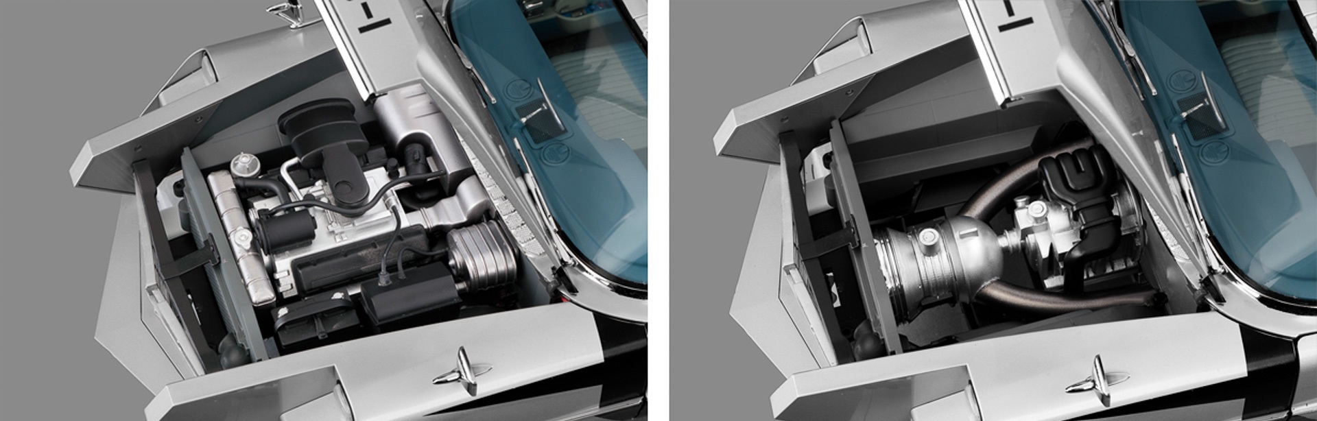 ボンネットを開けると、精巧につくられたエンジンが見え、その下にはジェットエンジンとロータリーエンジンの2系統エンジンも再現