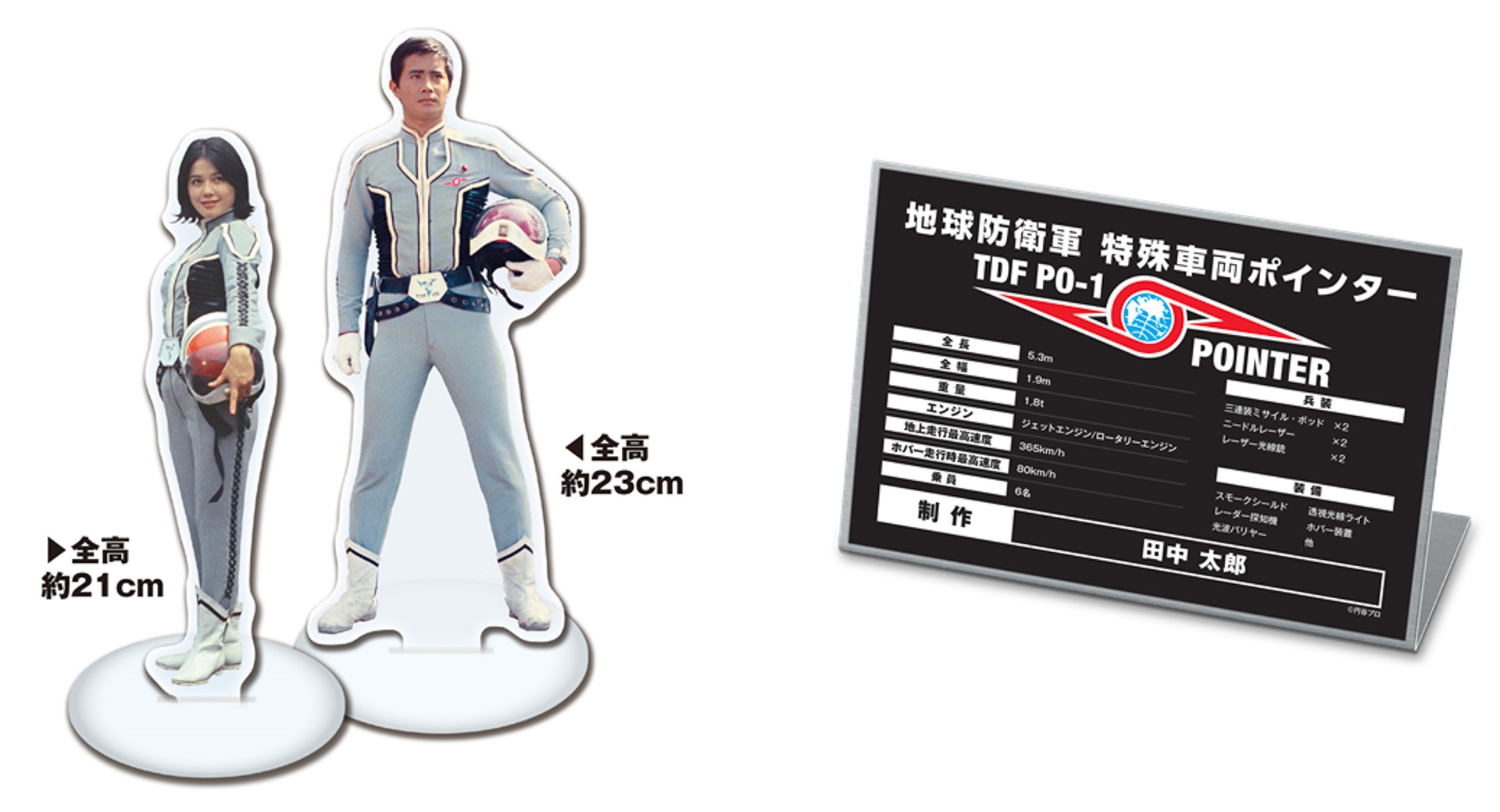 定期購読特典2：本シリーズのポインターと同スケールで再現した、ダンとアンヌの「特製アクリルスタンド」と、ポインターの性能を金属プレートに刻んだオリジナル「スペックシート」（最終号前後の発送）