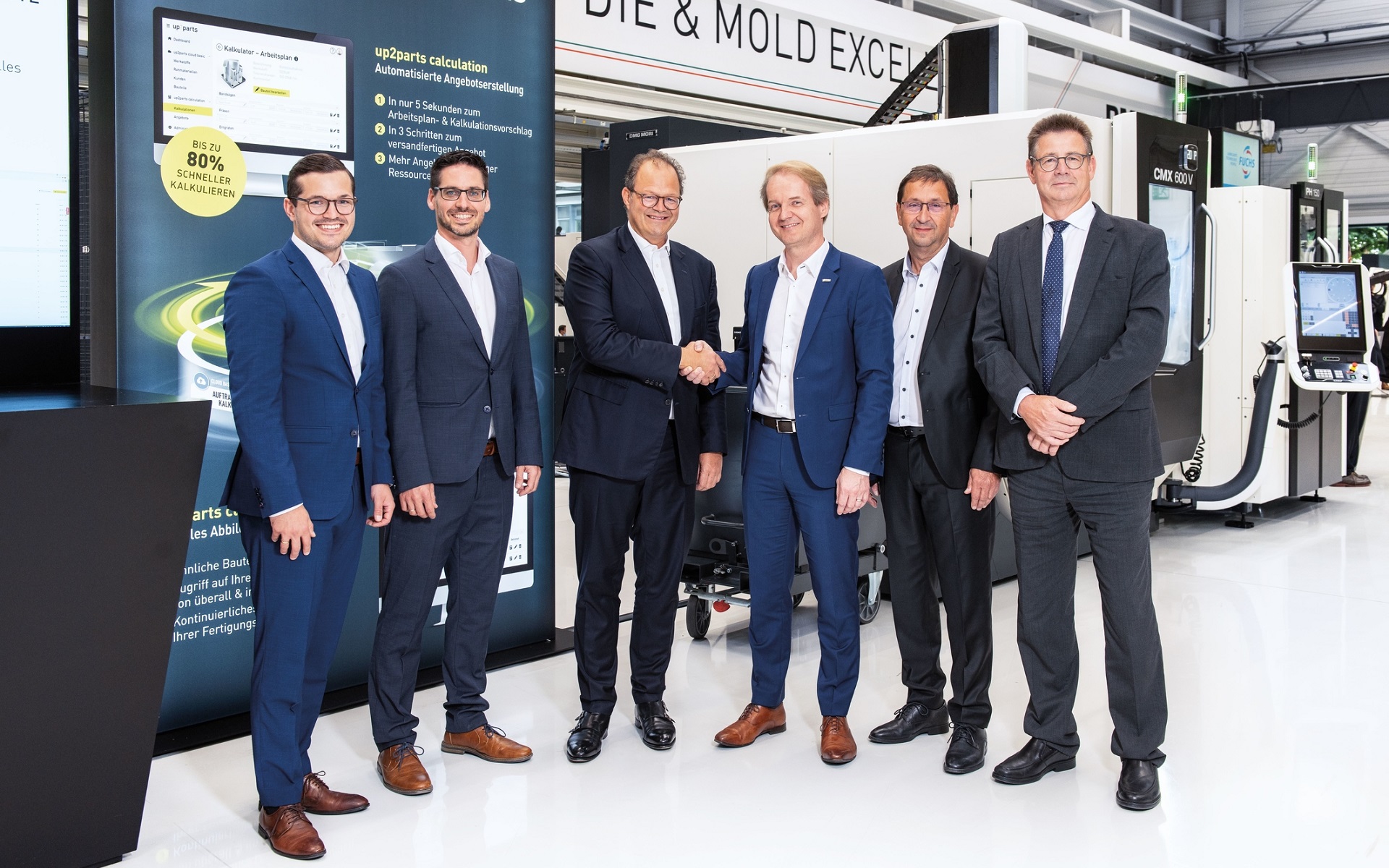 左から、DMG MORI Digital GmbHのフロリアン・ザイラー氏、up2parts GmbHのクリスチャン・ハイニング博士、DMG MORI AGのクリスチャン・トーネス取締役会長、シェフラーAGのアンドレアス・シック最高執行責任者、シェフラーAGのツールテクノロジー部門責任者であるヴィルフリート・シュヴェンク氏、DMG MORI Heitec GmbHのマルクス・レーム社長