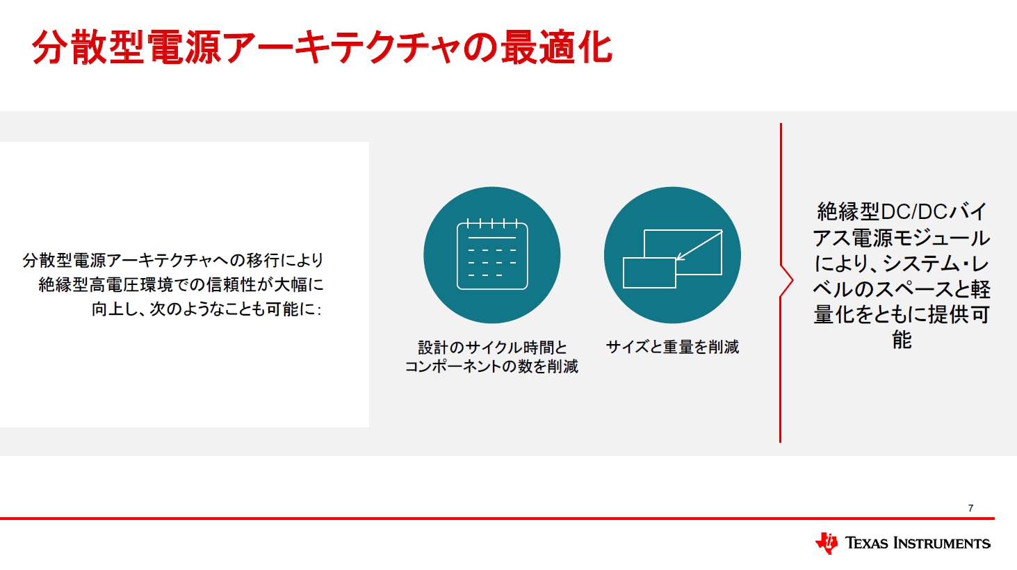 分散型電源アーキテクチャを最適化することで、設計のサイクル時間とコンポーネント数を削減するほか、製品のサイズと重量を下げることを目指す