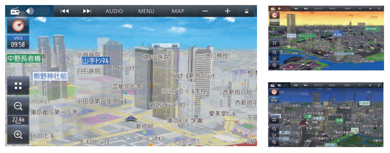 3D地図は街並みの臨場感まで伝わってくるリアルな表示。時間連動機能を設定すれば夕方モードや夜モードも登場