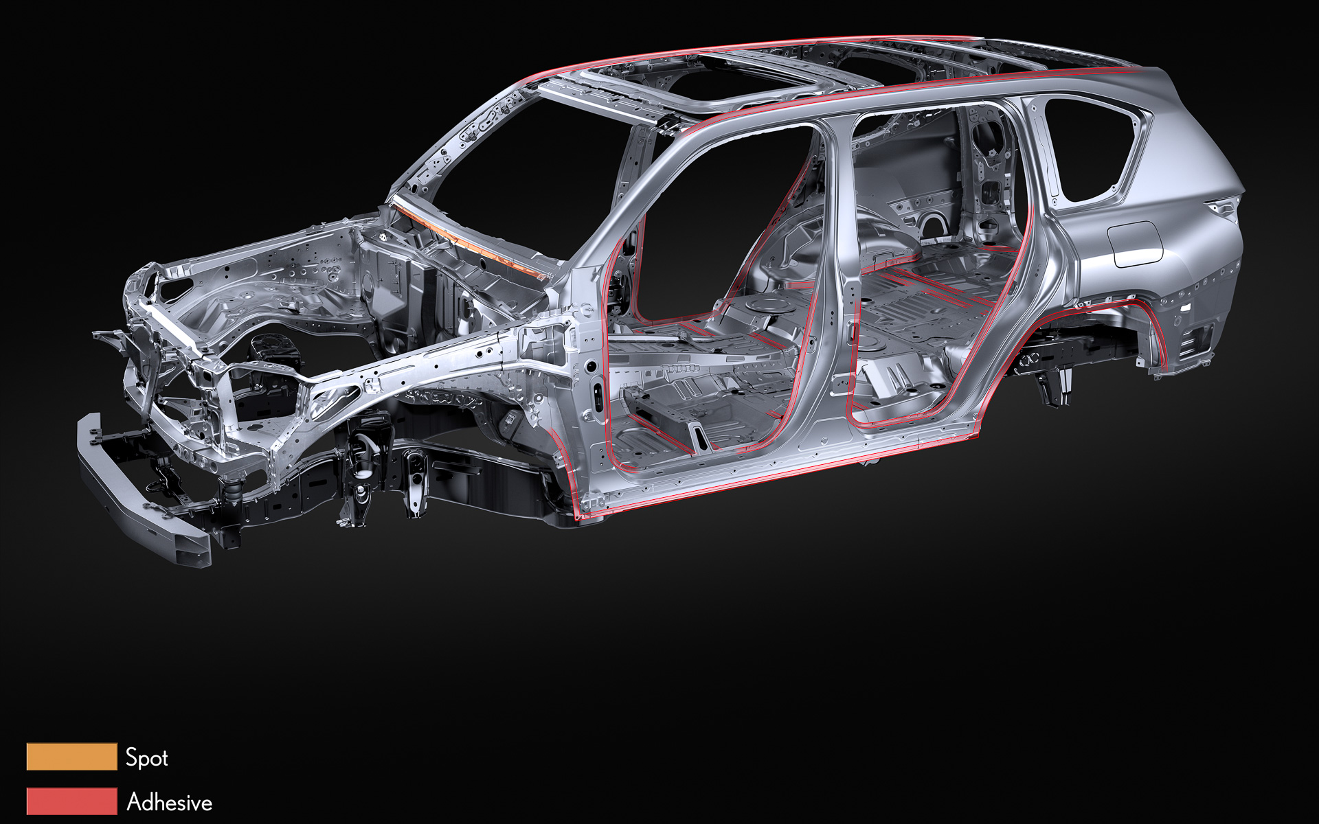 スポット打点増し打ちやドアオープニングまわり、フロアへの構造用接着剤の最適配置などによりねじり剛性を従来比20％アップさせた