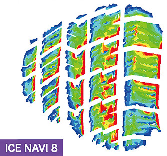 アイスナビ 7（左）とアイスナビ 8（右）のコーナリング時設置形状と接地圧分布の比較。左右非対称パターンとプロファイルの最適化によって路面に均一に接地し、OUT側の接地面積が増えたことで旋回時のグリップが向上