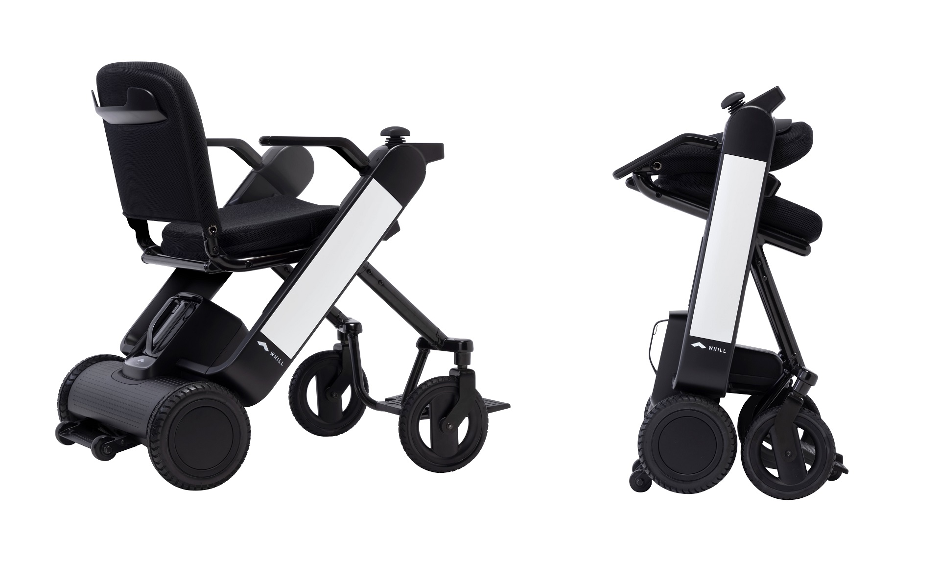 折りたたみ可能な新型の近距離モビリティ「WHILL Model F」使用状態（左）、折りたたんだ状態（右）
