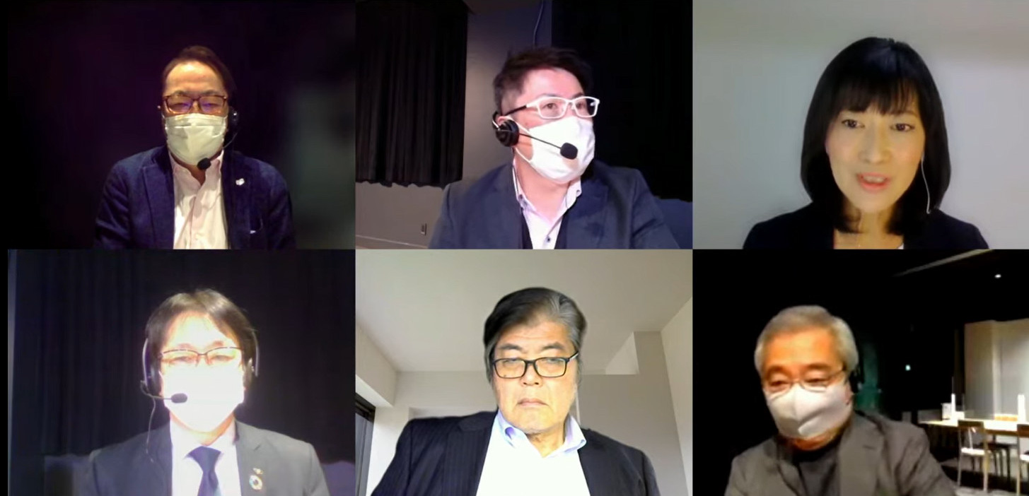 水素エネルギーに関するシンポジウムが開催された。左上から時計回りに、国際自動車ジャーナリスト 清水和夫氏、自動車研究家 山本シンヤ氏、東京大学 客員准教授 松本真由美氏、東京大学 先端科学技術研究センター 特任研究員 木村達三郎氏、マツダ株式会社 シニアイノベーションフェロー 人見光夫氏、川崎重工業株式会社 執行役員 西村元彦氏