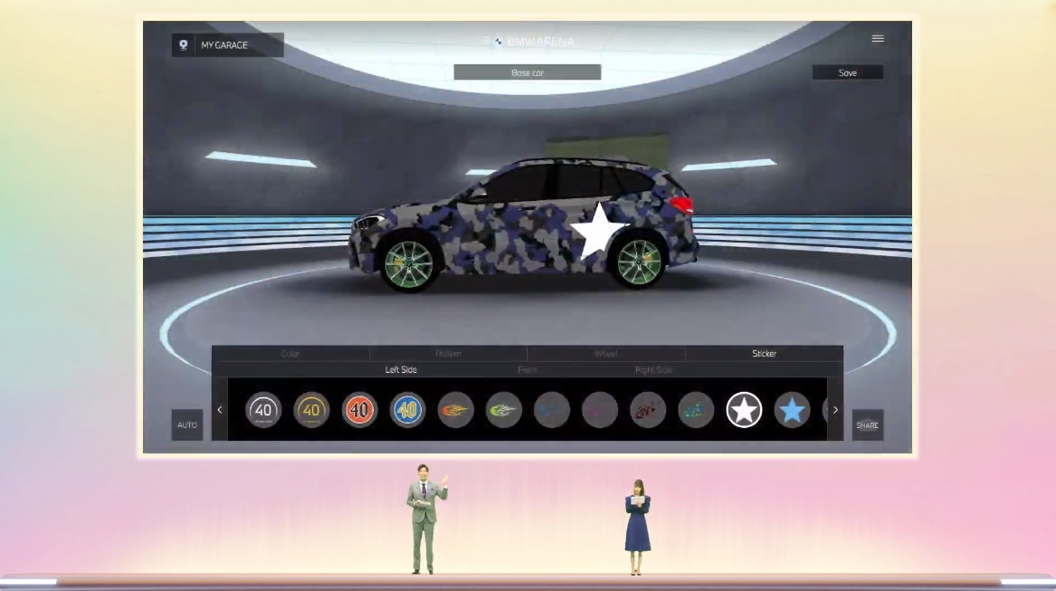 そのほかのエリア紹介も実施。MY GARAGEでは3DモデルのBMW車を17車種用意しており、ホイールやカラーリングの変更、ステッカーの貼り付けなどで「自分だけの1台」を構築可能。サッシャさんと岡副さんがデザインしたマイカーも公開された