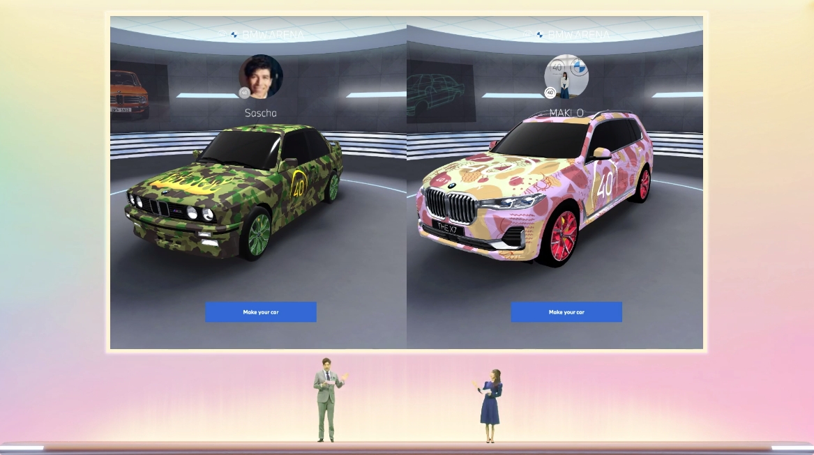 そのほかのエリア紹介も実施。MY GARAGEでは3DモデルのBMW車を17車種用意しており、ホイールやカラーリングの変更、ステッカーの貼り付けなどで「自分だけの1台」を構築可能。サッシャさんと岡副さんがデザインしたマイカーも公開された