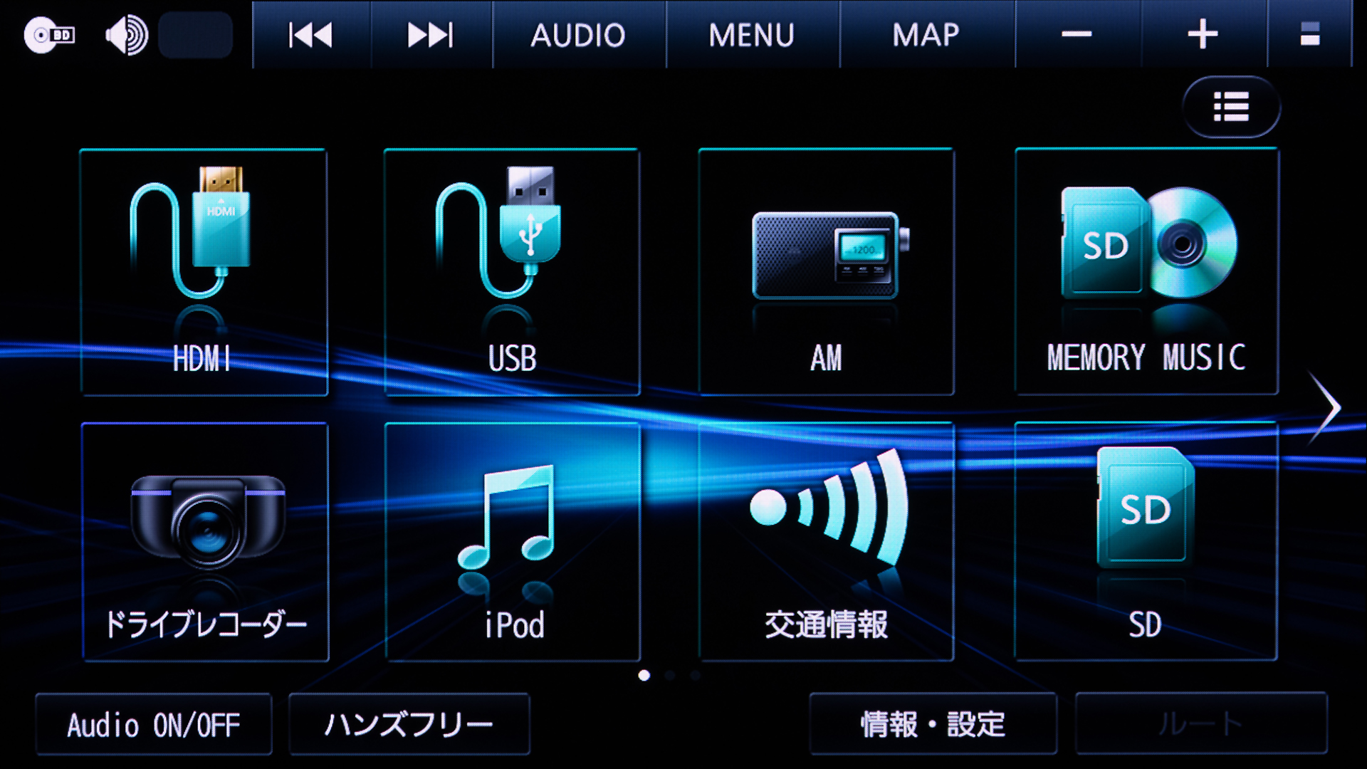 ホームボタンで表示できるメニュー。左右にフリックすることでナビとAVの項目を切り換えられる