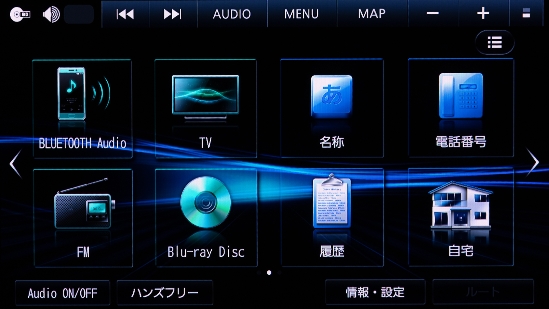 ホームボタンで表示できるメニュー。左右にフリックすることでナビとAVの項目を切り換えられる