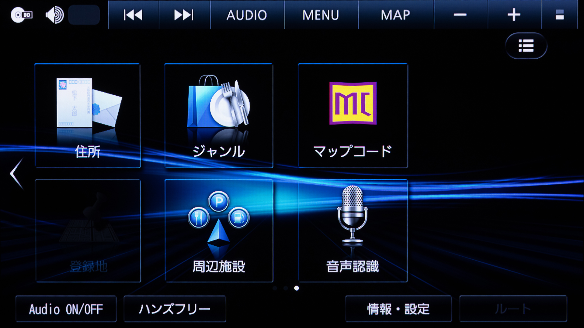 ホームボタンで表示できるメニュー。左右にフリックすることでナビとAVの項目を切り換えられる