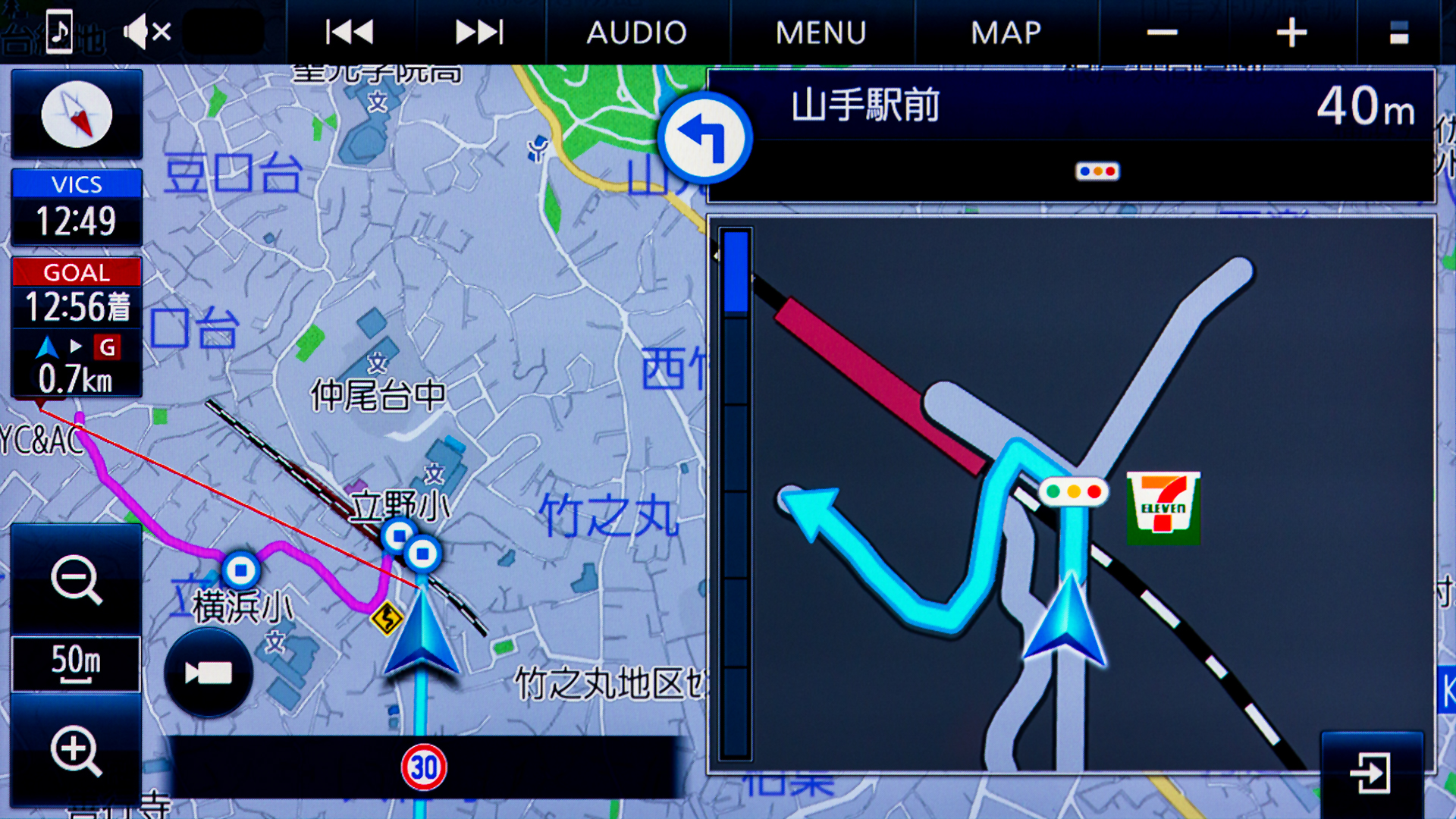 通常の交差点拡大図。細街路を含む場所でも案内してくれる