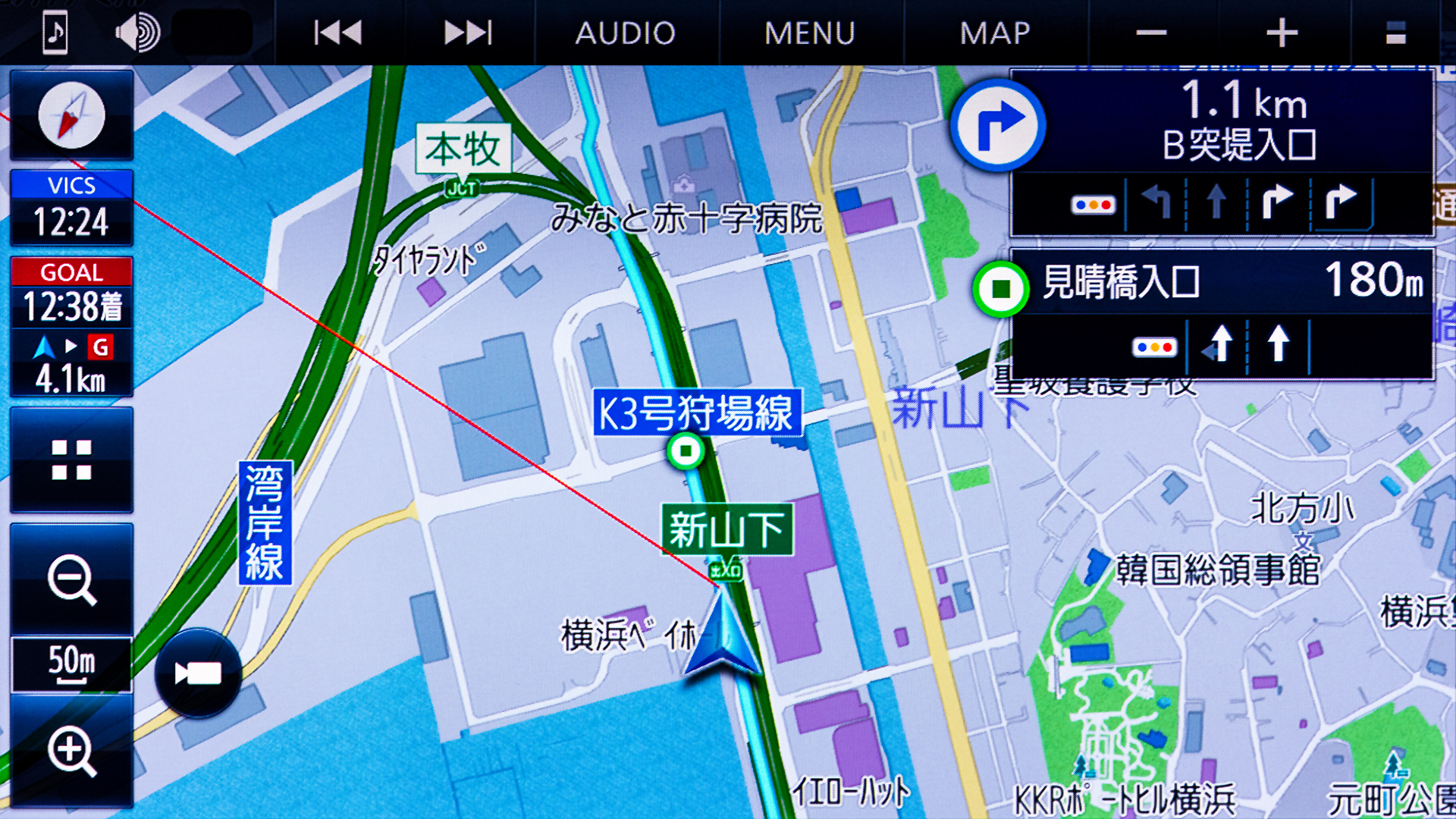 一般道から高速へ。合流付近で高速を認識してリルート