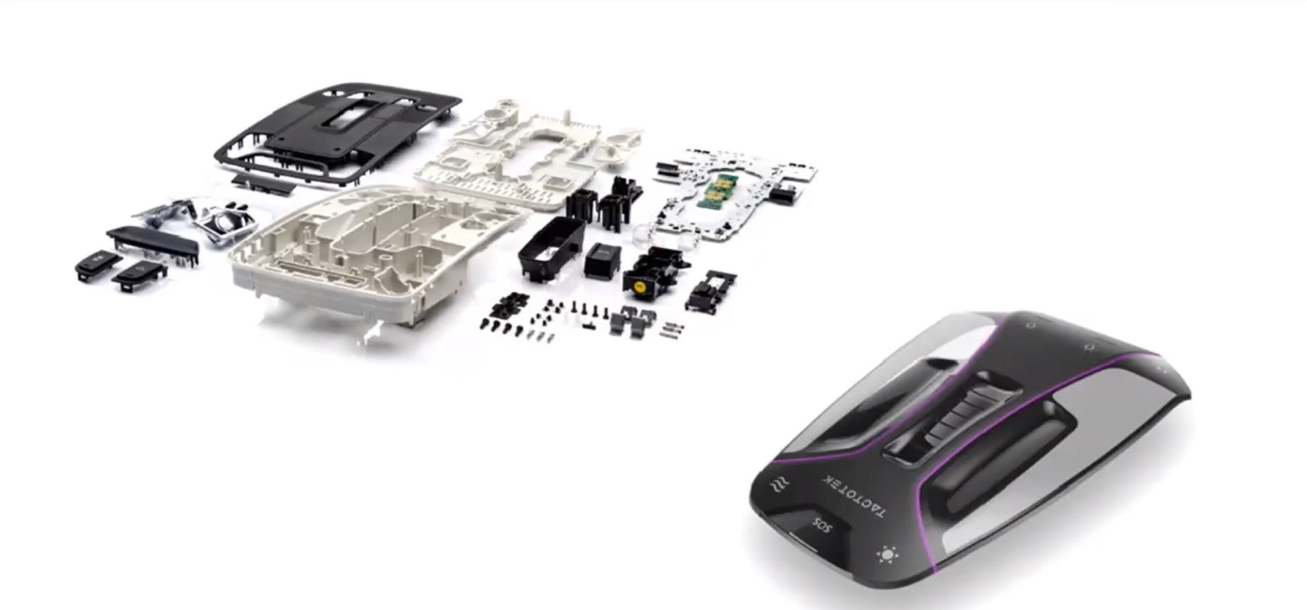 今の自動車に使われている一般的なオーバーヘッドコンソールは部品が多数使われており、製造にも組み立てにも時間が必要となるが、IMSEならすべてを1つのパーツで完結できる