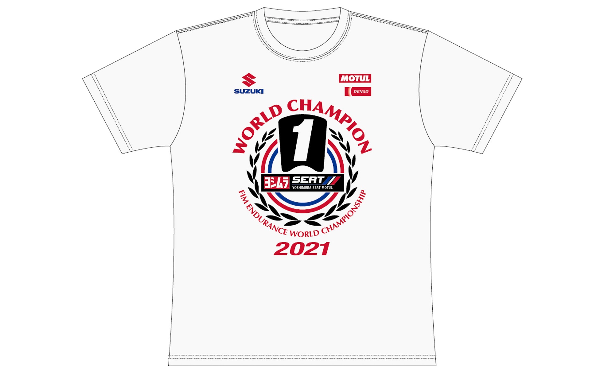 EWC ヨシムラSERTモチュール チャンピオン Tシャツ。サイズ：S/M/L/XL/XXL、素材：綿100％、5.6オンス、価格：3520円