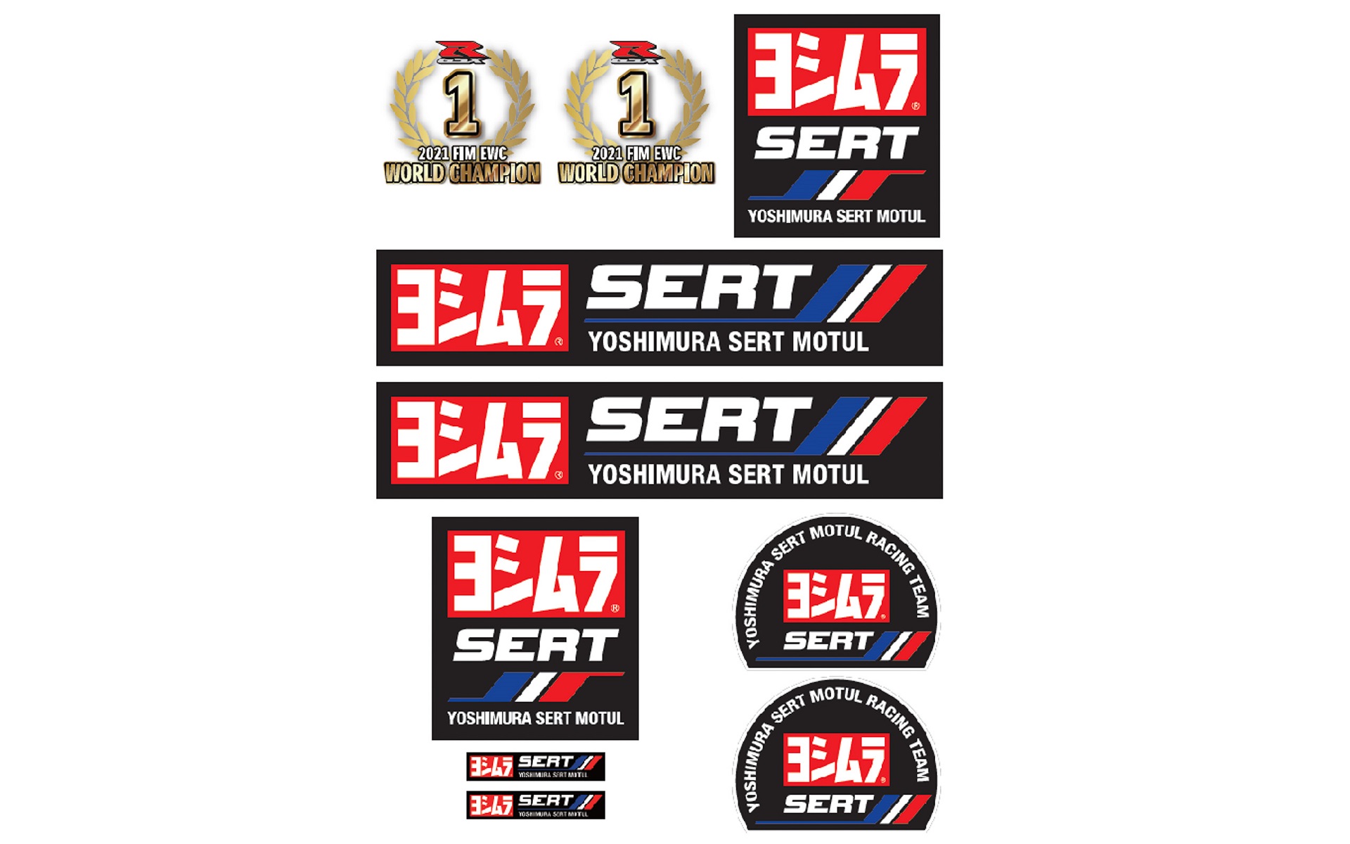 EWC ヨシムラSERTモチュール チャンピオン ステッカーシート。サイズ：A4サイズ、素材：透明PCV、価格：2090円