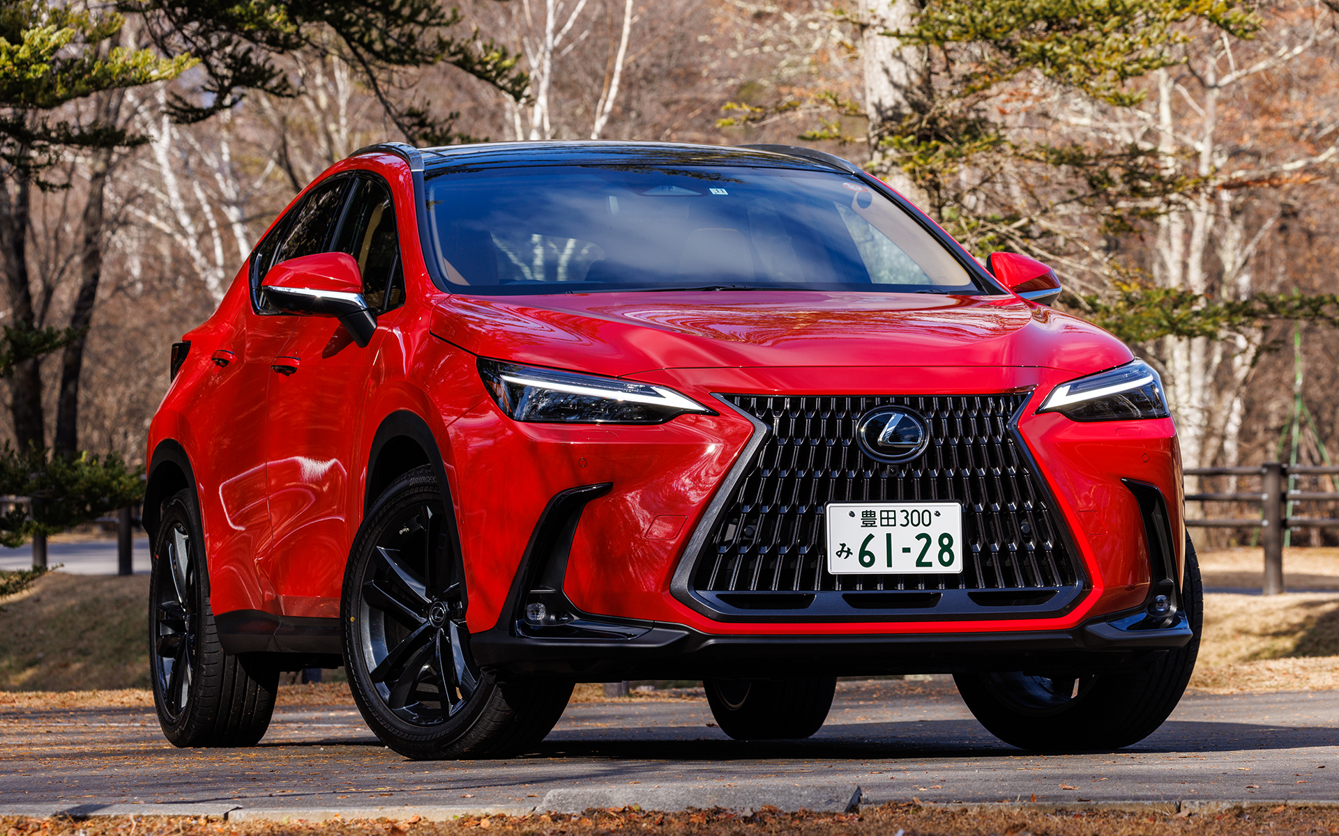 ハイブリッドモデルの「NX350h“version L”」。写真は2WDモデルで、ボディカラーはマダーレッド。塗装品質に定評のあるレクサスの赤は鮮烈だ