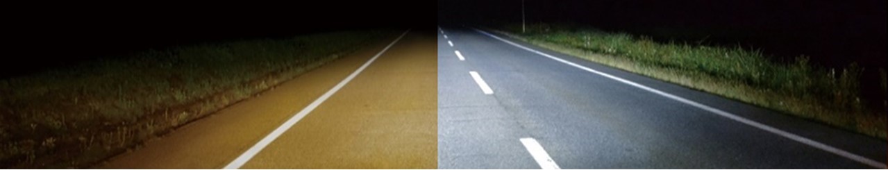 交換前のハロゲンバルブ点灯時（左）、交換後のLEDバルブ点灯時（右）