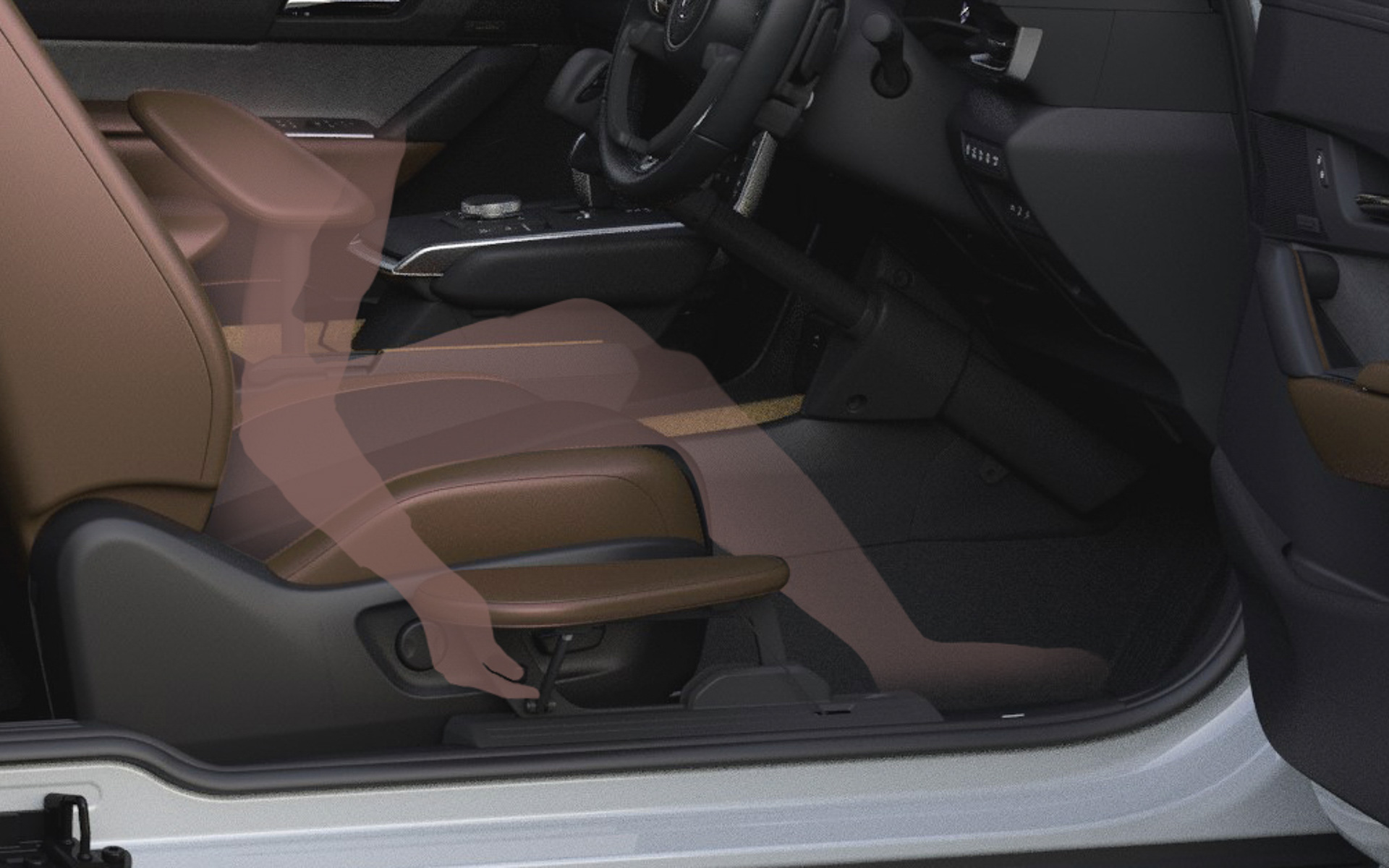 移乗ボードはサイドエアバッグの邪魔にならない場所に収納され、運転中は足が左右に動いてしまうのを支えてくれる効果も