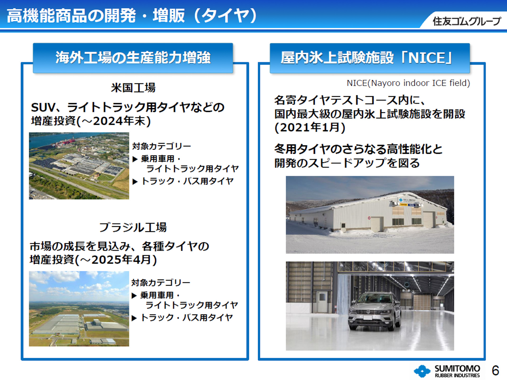 海外工場の生産能力増強と、屋内氷上試験施設の開設