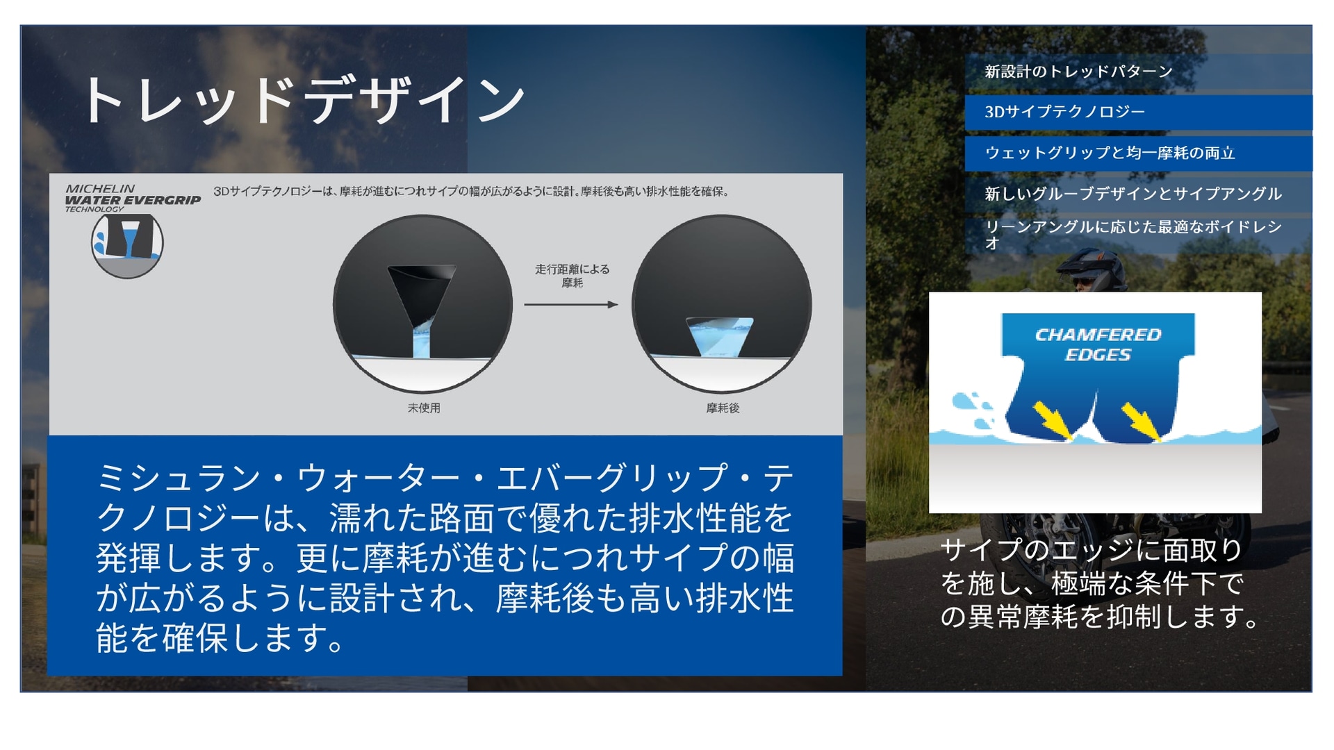 トレッドの摩耗が進んでもサイプ（細溝）の排水性能を維持する「ミシュラン・ウォーター・エバーグリップ・テクノロジー」はROAD5から引き続き採用