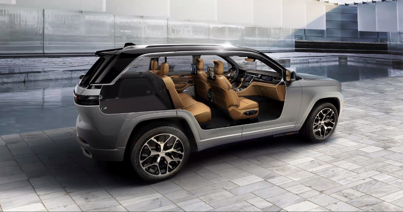 日本未導入の2列シート仕様「グランドチェロキー」との比較では、ホイールベースが拡大されていても2列目シートの位置が同様で、広げられたキャビンスペースが3列目シートに充てられていることが分かる。このほか、ホイールのデザインやリアコンビネーションランプ、Dピラーの形状なども異なっているようだ