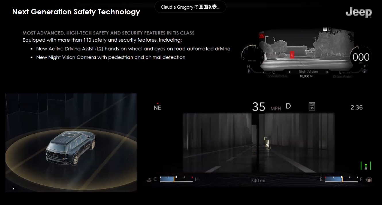 レベル2自動運転となる「アクティブドライビングアシスト」や、肉眼では確認できない暗い場所にいる歩行者や動物を赤外線センサーで発見して注意喚起する「ナイトビジョン」など、多彩な先進安全装備も備えている