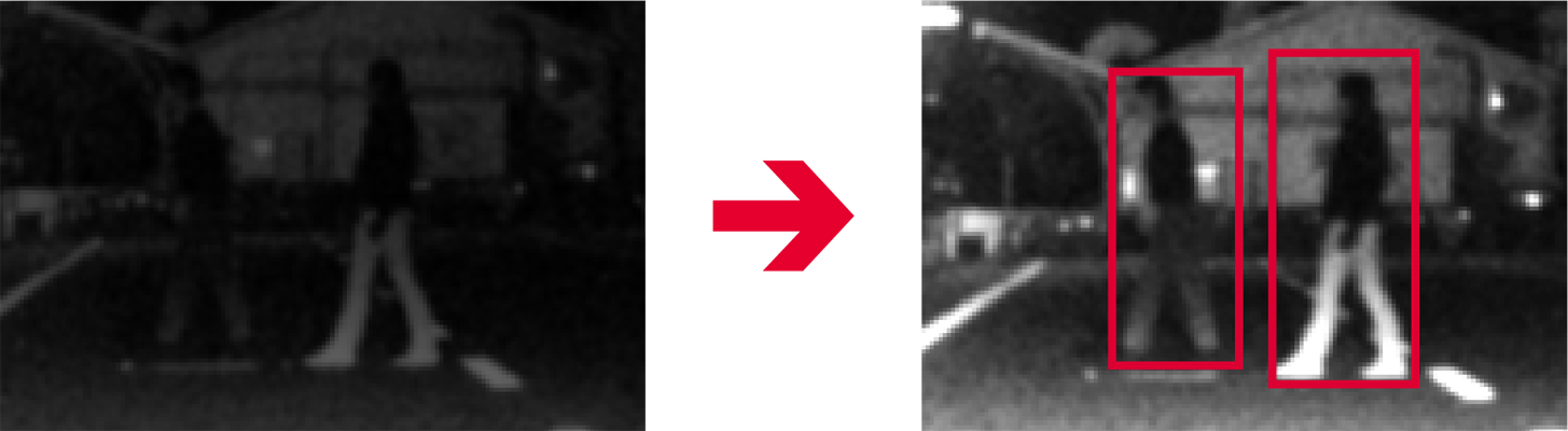 夜間の歩行者検知：高感度イメージャーにより撮像性能が向上し、夜間の歩行者の検知が可能になった