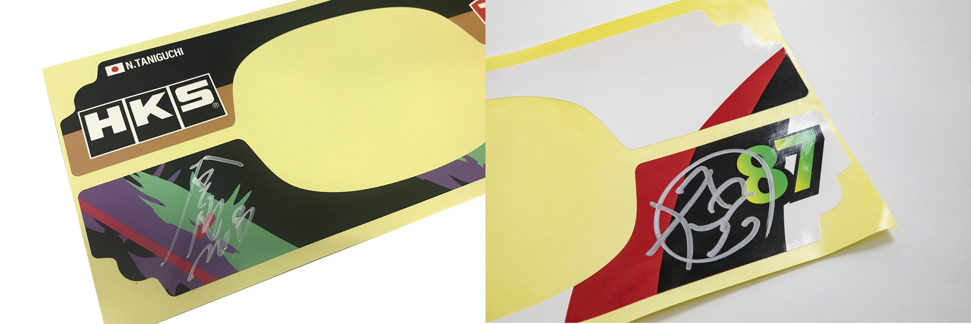 谷口信輝選手とHKSをオマージュしたNOBバージョン（HKSカラー）、斎藤太吾選手とGRスープラのドリフト仕様をオマージュした太吾バージョン（D1スープラ GRカラー）のステッカーを同梱