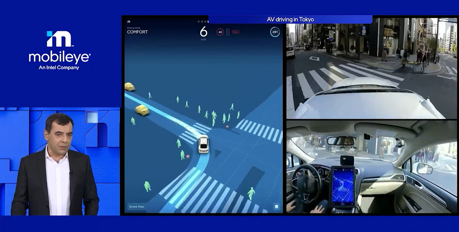 東京の銀座とみられる街を走るモービルアイの自動運転車。歩行者や駐車しているクルマをよけながら日本の道を走る様子はとても印象的