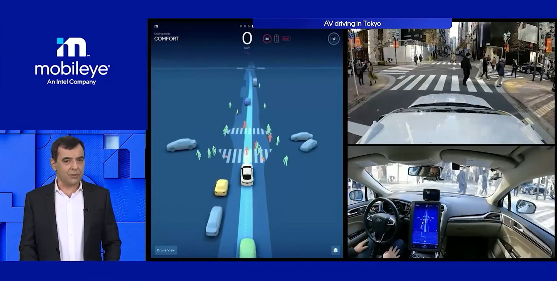 東京の銀座とみられる街を走るモービルアイの自動運転車。歩行者や駐車しているクルマをよけながら日本の道を走る様子はとても印象的