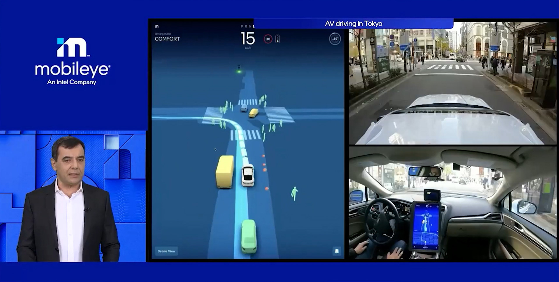 東京の銀座とみられる街を走るモービルアイの自動運転車。歩行者や駐車しているクルマをよけながら日本の道を走る様子はとても印象的