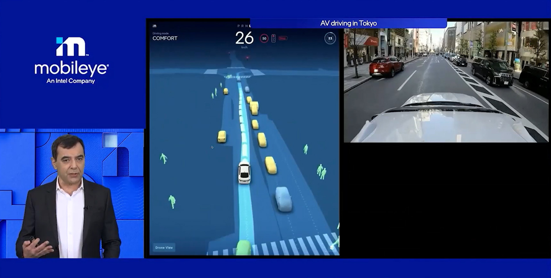 東京の銀座とみられる街を走るモービルアイの自動運転車。歩行者や駐車しているクルマをよけながら日本の道を走る様子はとても印象的