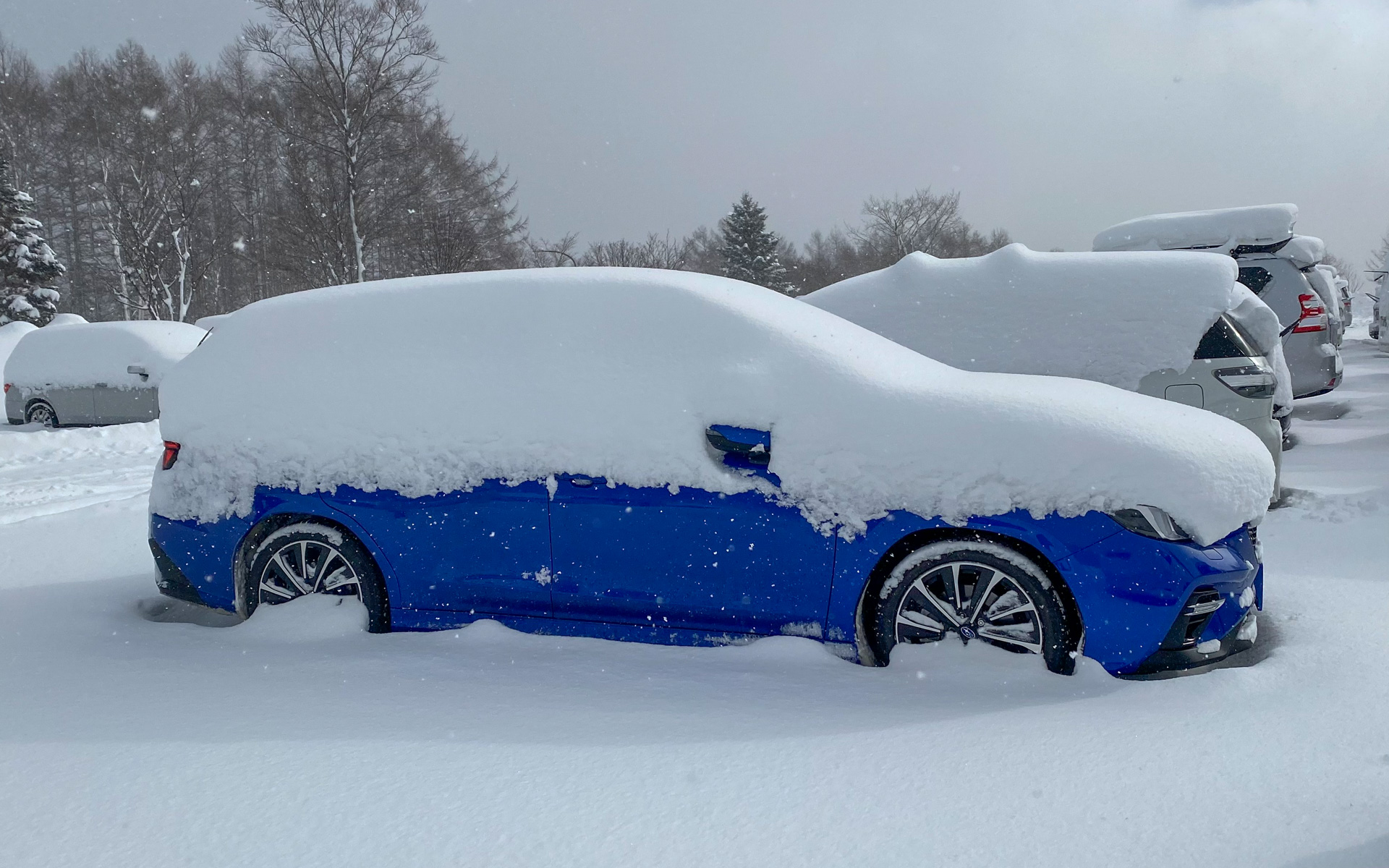 福島の裏磐梯では、一晩停めておいただけでこんなに雪が積もってしまいました。膝までの長靴を履き、スコップやスクレーパーを借りて掘り出す作業はとっても楽しかったのですが、これが毎日となると……。近未来には、積もった雪を一発で溶かすことができるスイッチ、なんてのが開発されないものでしょうかね
