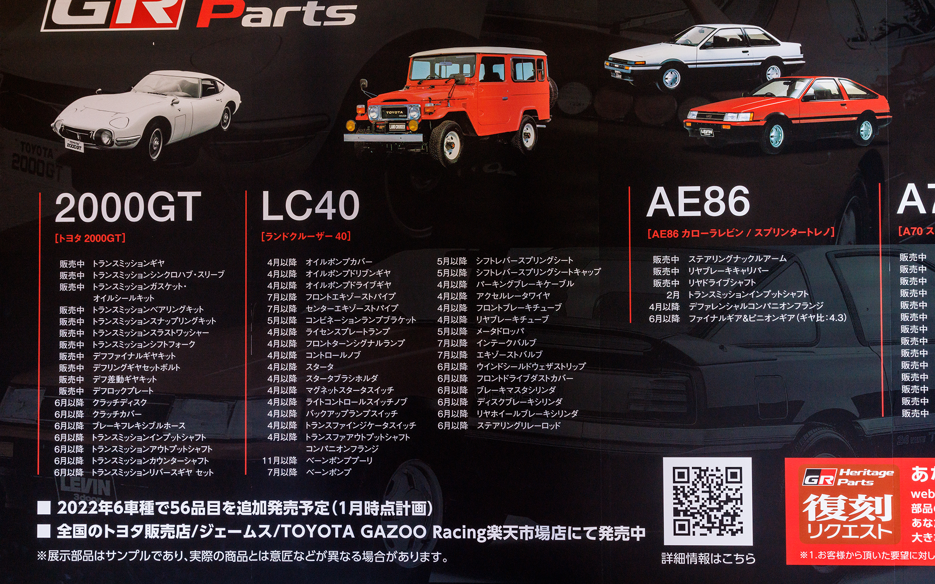 人気の高い旧型車の再生産パーツ。今後も増えていく予定だという