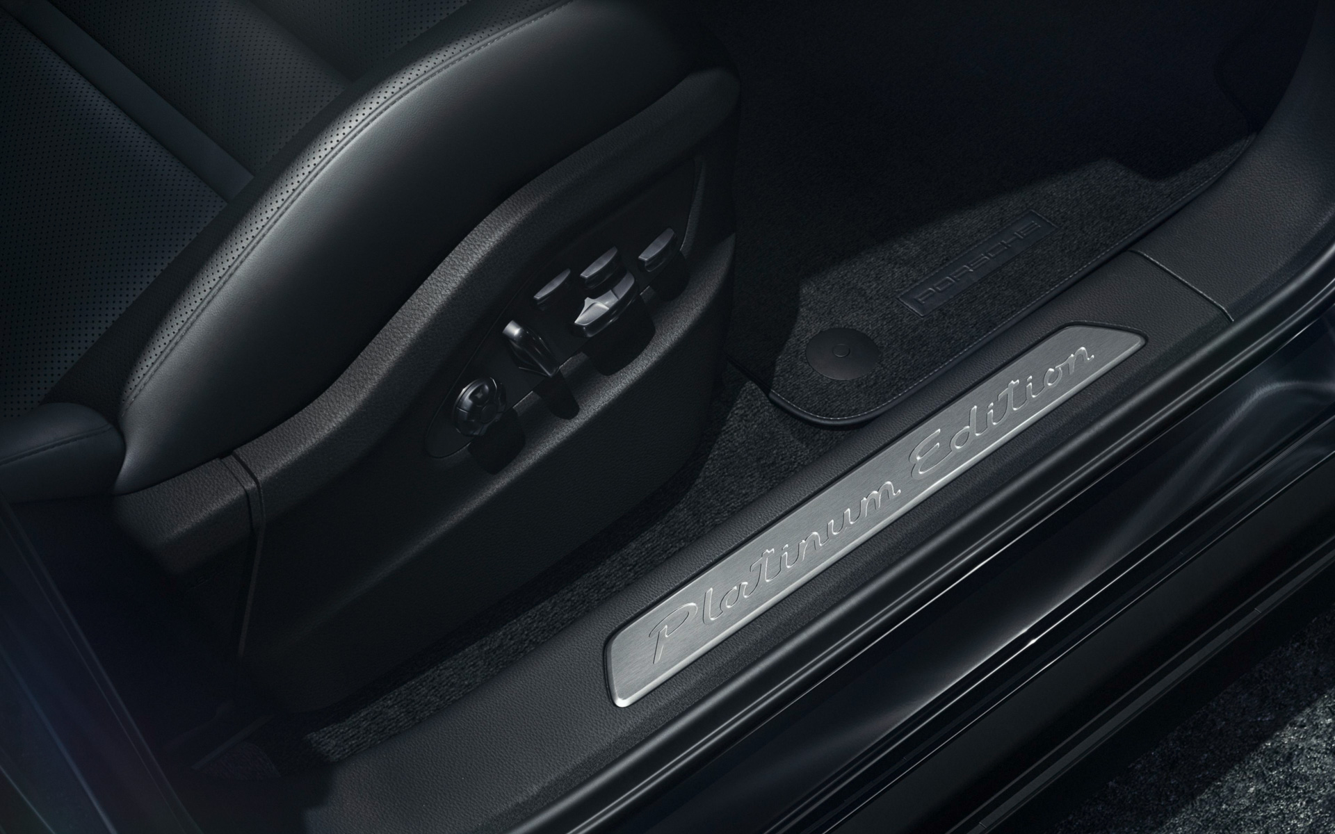 「Platinum Edition」のロゴが入ったブラッシュアルミニウムのドアエントリーガード