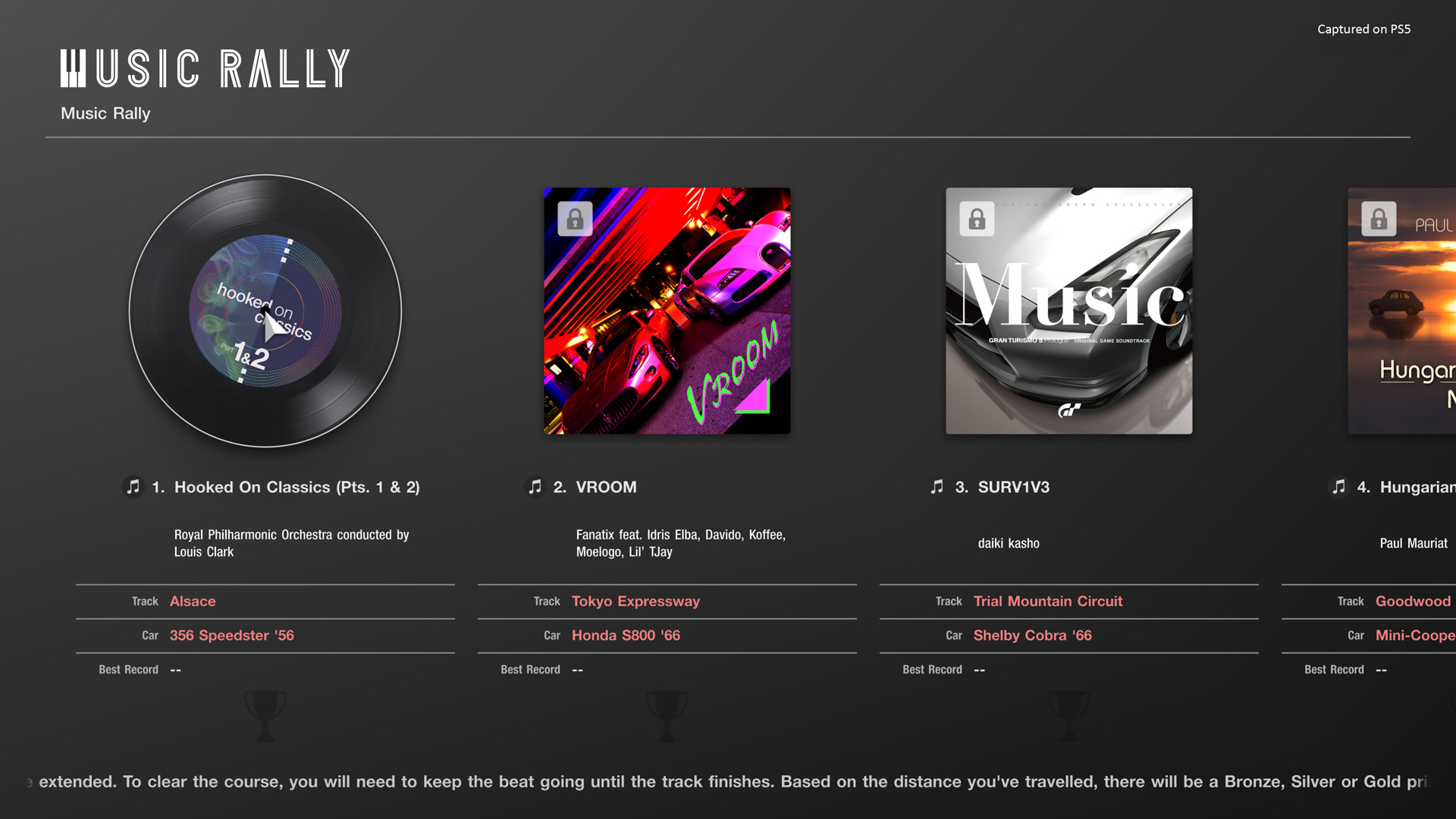 音楽を聴きながらクルマをドライブする新モード「ミュージックラリー」。「GT7」では新たな試みとして、音楽を聴きながら爽快なドライブが楽しめる「ミュージックラリー」を収録。リズムにあわせて減っていく「ビート」がなくならないように走行し、曲を完奏させるとクリア、その時点の走行距離に応じてプライズを獲得できるミニゲームとなる。音楽とゲームプレイを融合させた新しい「グランツーリスモ」の世界だ