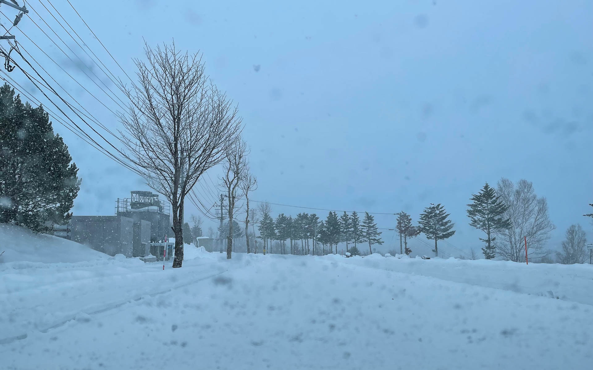 降雪時の雪道。雪が強いと視界不良になり路側も分からなくなる。日常的にこんな道を走っている人に尊敬する