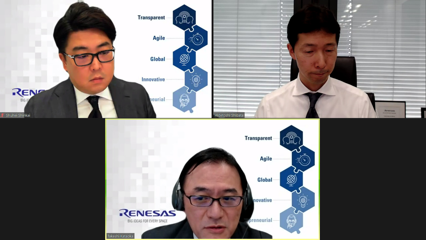 ルネサス エレクトロニクス株式会社 執行役員 兼 CFO 新開崇平氏（左上）、ルネサス エレクトロニクス株式会社 代表取締役社長 兼 CEO柴田英利氏（右上）、ルネサス エレクトロニクス株式会社 執行役員 兼 オートモーティブソリューション事業本部長 片岡健氏（下）