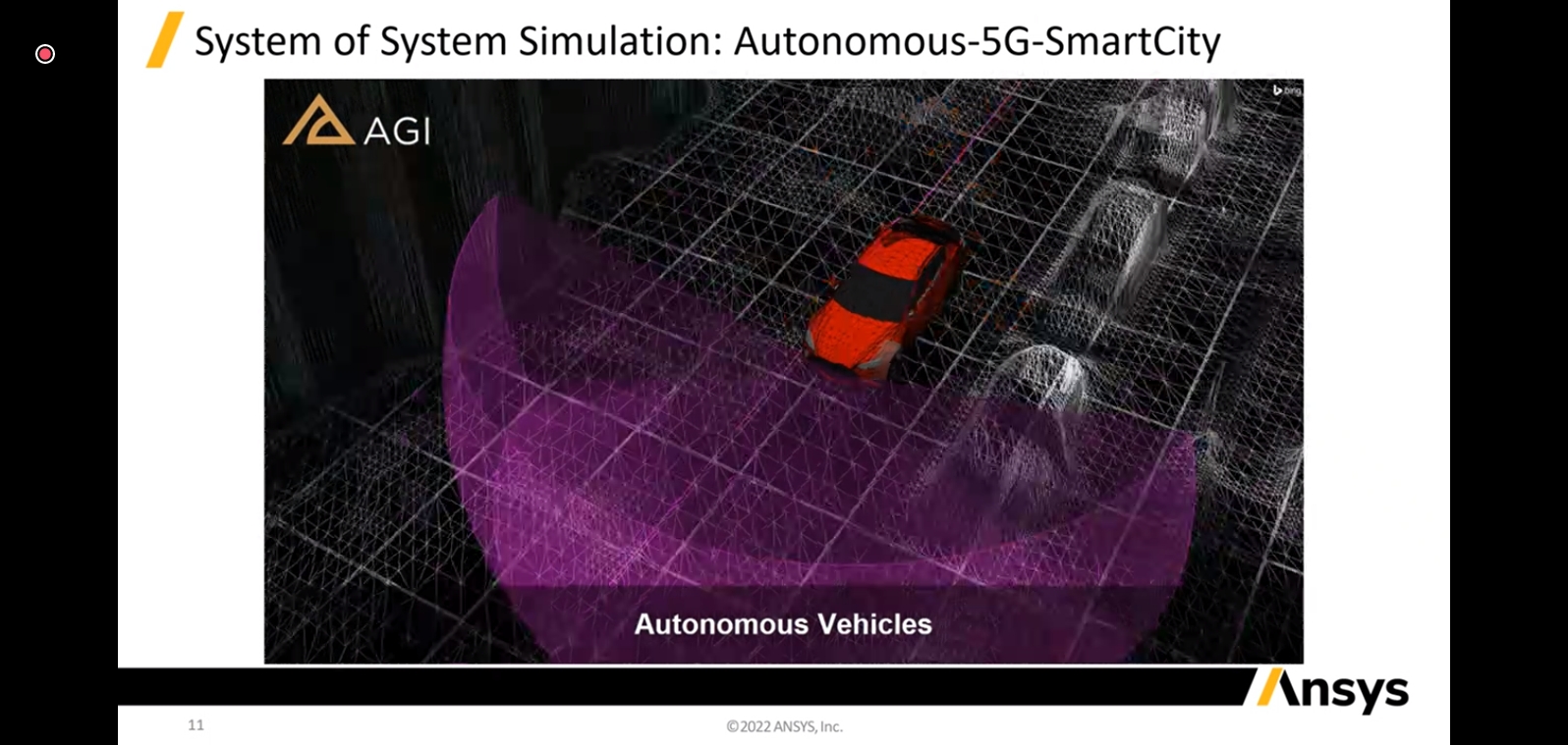 システム・オブ・システムズの例であるスマートシティのイメージ。車載センサーで得た情報を5G通信で周囲と連携させ、将来的な“空飛ぶクルマ”の飛行経路設定なども視野に入れて全体をシミュレーションしていく