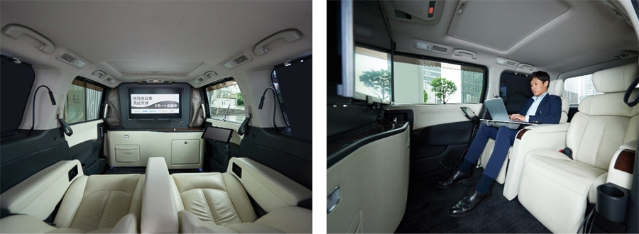 移動会議室に改造された日産「エルグランド」の後席。32インチモニタを備える