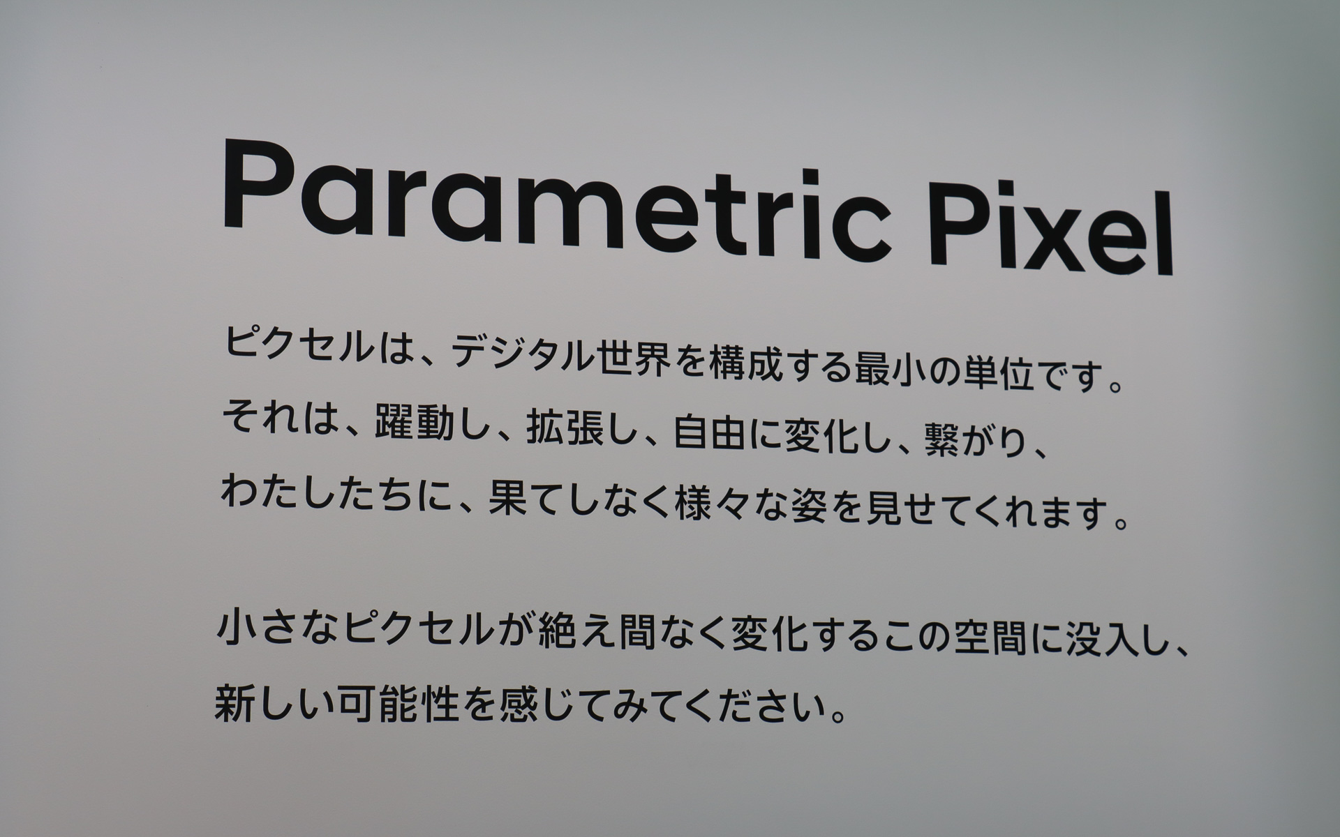 ルーフ部分に設置された4つのプロジェクターやミラーパネルなどを使い、デジタルピクセルが絶え間なく変化していく空間演出を行なっている
