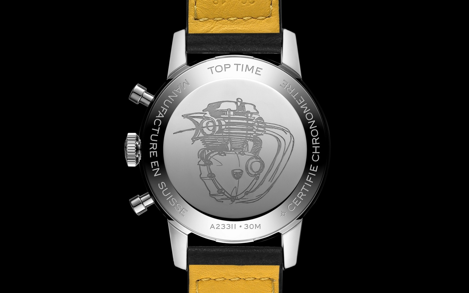 裏蓋にはシリアルナンバーではなく「TOP TIME」の文字が刻まれる