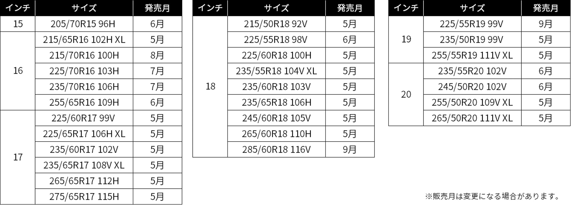 サイズラインアップ