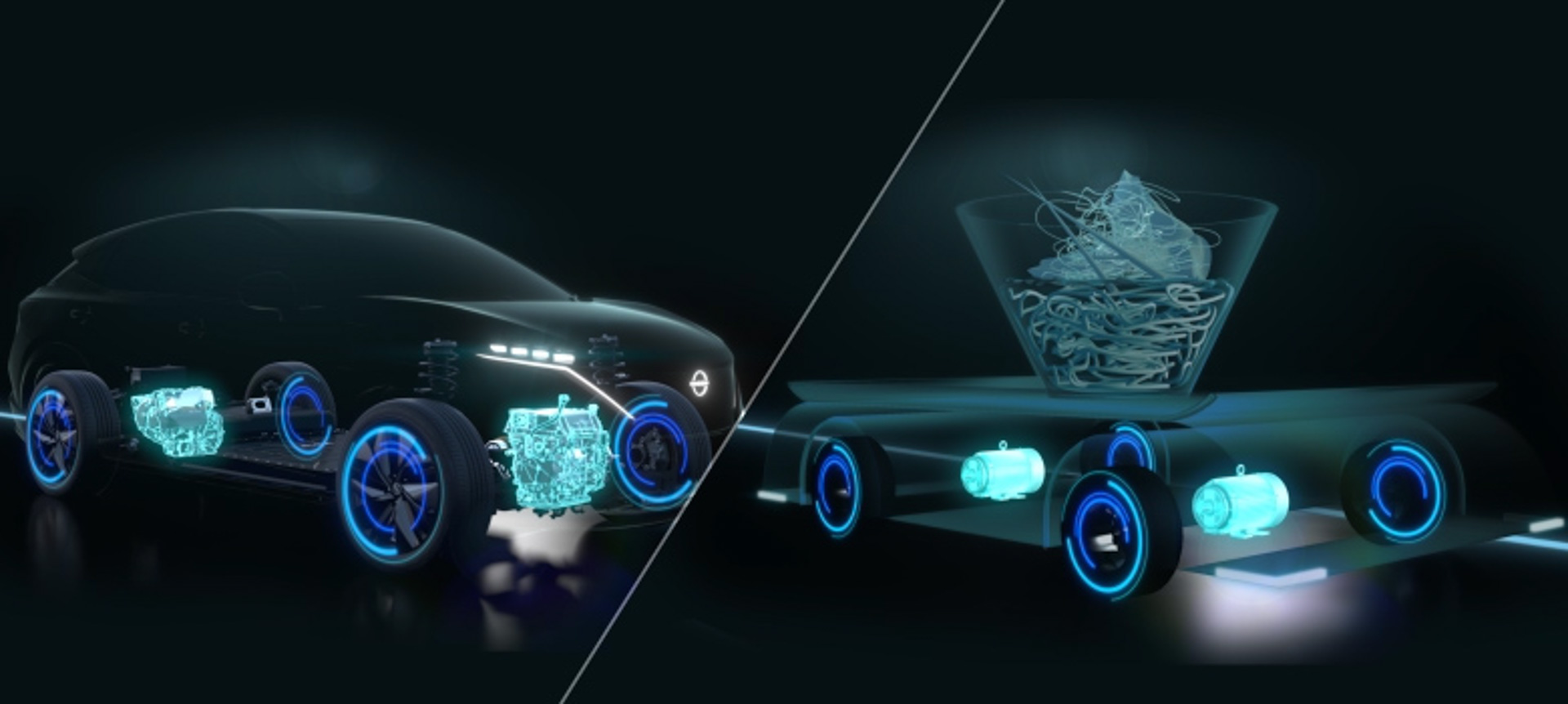 新型BEV「アリア」に搭載される電動駆動4輪制御技術「e-4ORCE」の技術から着想を得た「e-4ORCEラーメンカウンター」