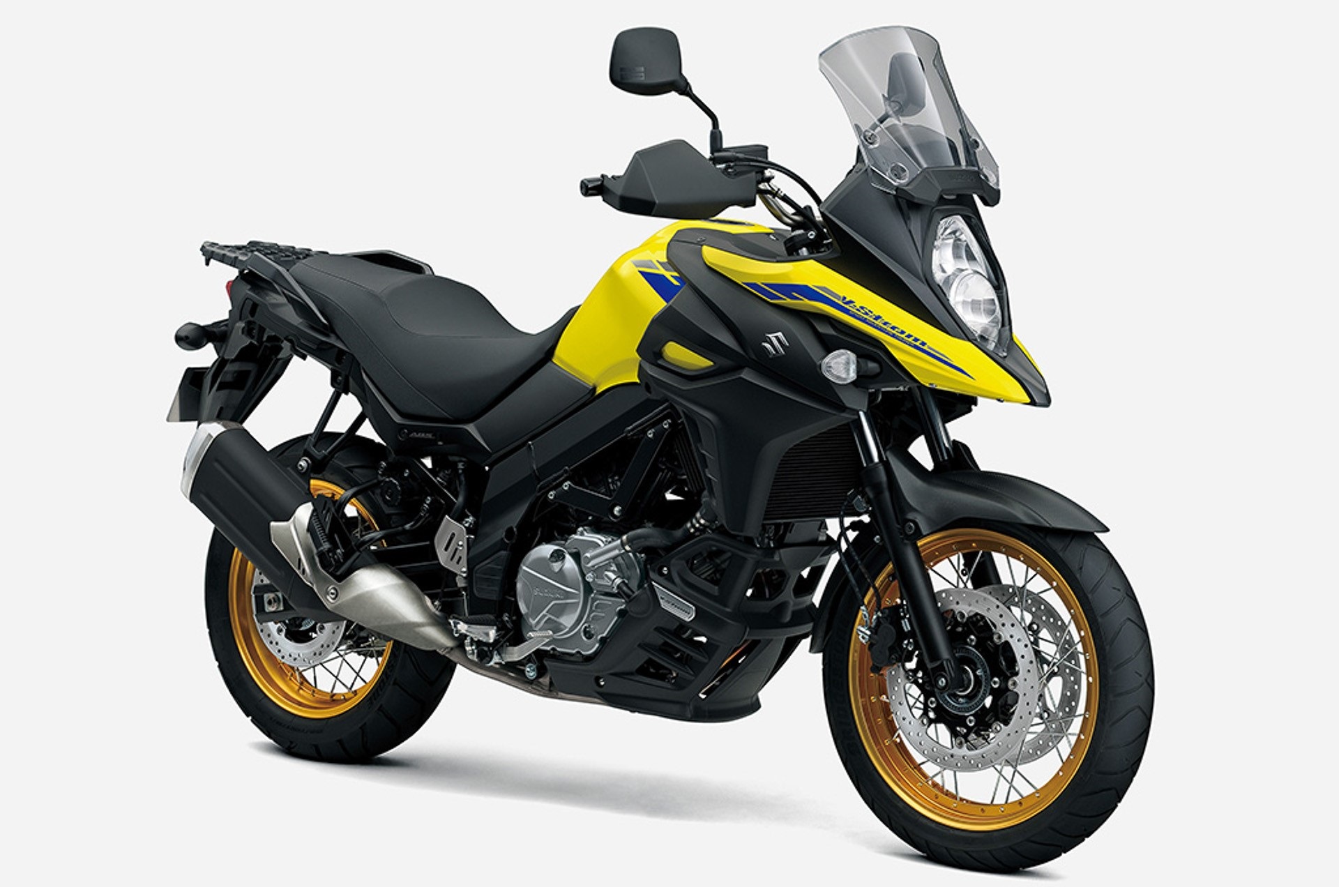 ワイヤースポークホイール仕様のV-Strom 650XT ABS、ボディカラーはチャンピオンイエローNo.2