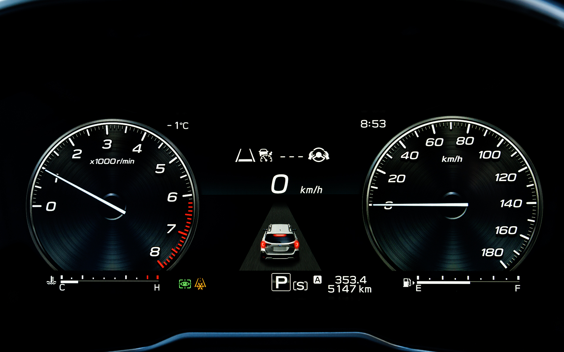 12.3インチフル液晶メーターの表示パターン。こちらはレガシィ アウトバック全グレード標準装備