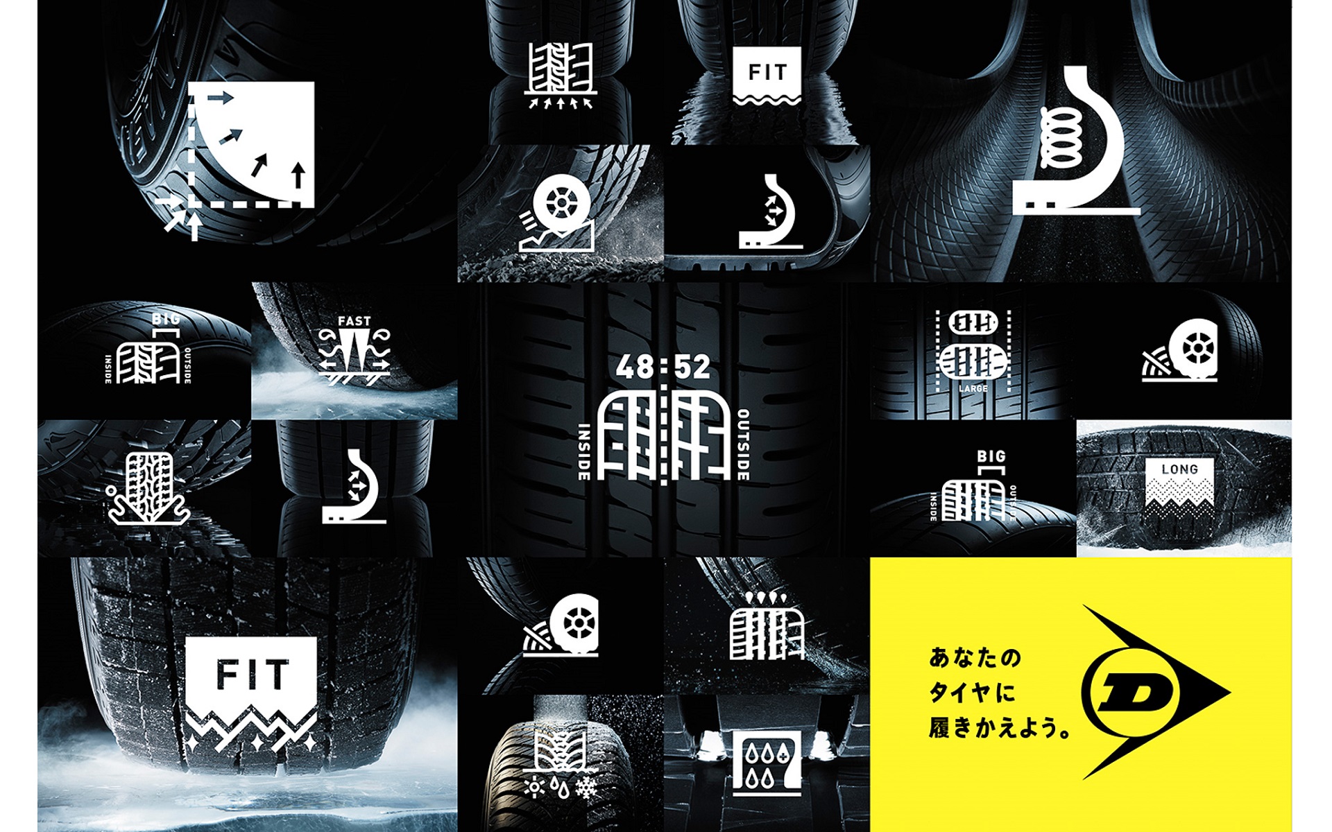 ダンロップがタイヤの機能や特徴をひと目で分かりやすく表現した「タイヤグラフ」開発し、新テレビCMに起用すると発表した。画像はピクトグラム広告イメージ