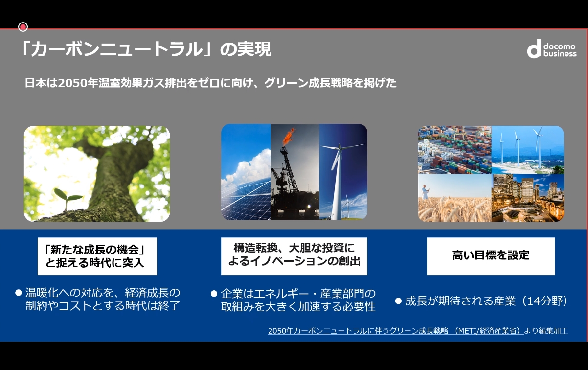 NTT Comではカーボンニュートラルの実現を目指す社会の変革を新たな成長の機会と捉え、取り組みを進めている