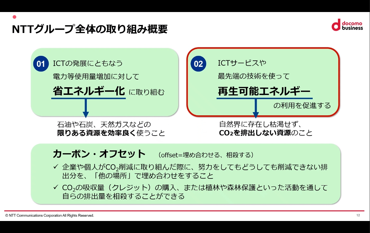 NTTグループで取り組む省エネルギー化と再生可能エネルギーの利用促進で、新サービスは再生可能エネルギーの利用促進を推し進める策となる